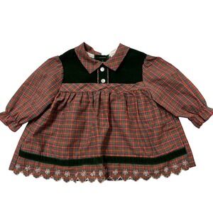 Vintage Sears Top Red Plaid Green Velvet Crochet Scallop Trim Girls 4T Holiday